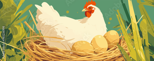 Develop an illustration of a hen sitting on a nest of eggs, symbolizing fertility and the cycle of life in agriculture. Vector flat minimalistic isolated illustration.