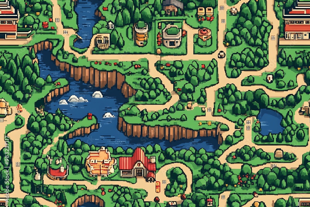 Obraz premium Cartoon seamless pattern of a fantasy village with river and forest background