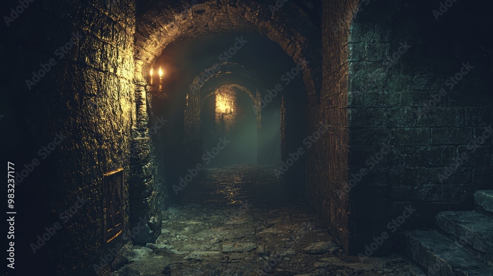 Obraz premium Mysterious Dungeon Discovery: Hidden Passageway and Glowing Runes in 3D Rendered Scene
