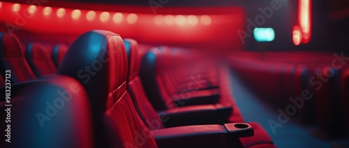 Empty red theater seats await moviegoers in a dimly lit cinema setting