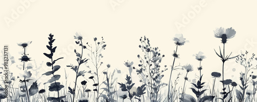 Grass, flowers, field plants and herbs. Hand drawn wildflowers. vector simple illustration