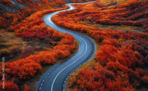 Winding road through vibrant autumn foliage in a mountainous region during su...
