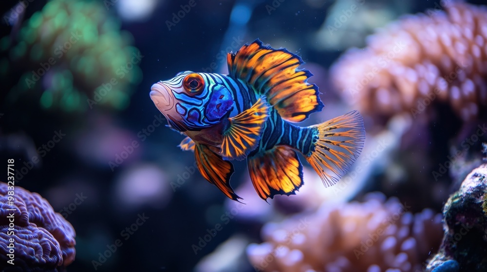 Fototapeta premium Mandarin Dragonet Fish Swimming Through Coral