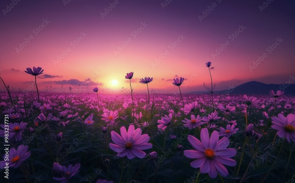 Vibrant pink flowers bloom under a stunning sunset in the mountains of a serene landscape Vibrant pink flowers bloom under a stunning sunset in the mountains of a serene landscape