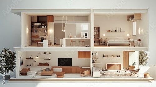 A cross-sectional view of a home living room, featuring practical storage solutions, sleek furniture, and clean architectural lines that create a calm, inviting atmosphere.