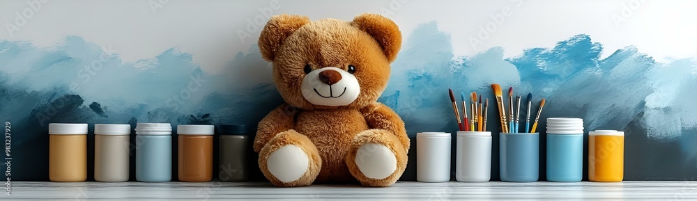 Obraz premium a teddy bear sitting on a shelf. 