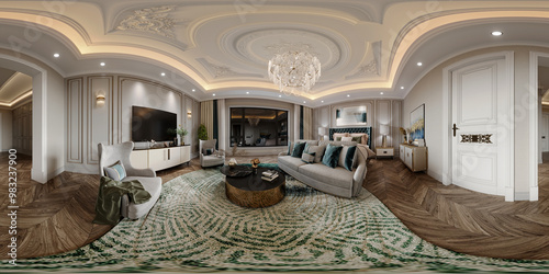 360 degrees view of living room with fireplace, 3d render