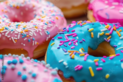 Delicious selection of vibrant donuts with various frosting and sprinkle toppings in a closeup view