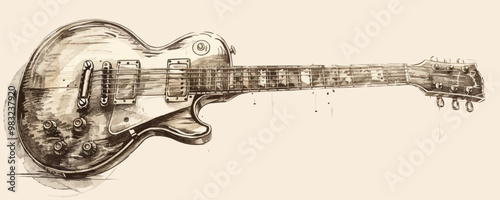 Retro guitar sketch hand drawn vintage musical instrument.