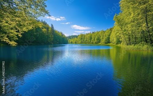 A peaceful lake reflecting blue skies and lush greenery under bright sunlight in summer