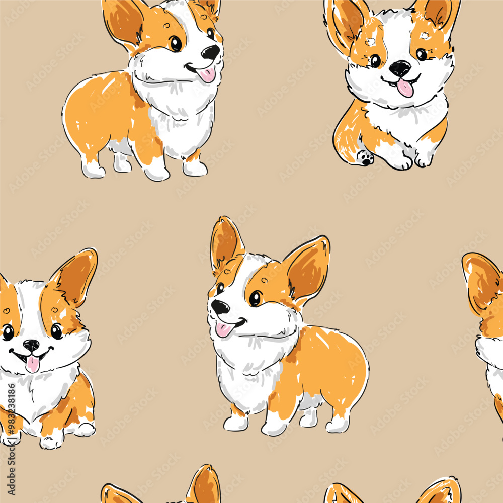 seamless pattern with hand drawn cute corgi dog print background vector seamless pattern with hand drawn cute corgi dog print background vector