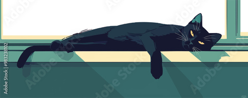 Elegant black cat lounging on a windowsill, Vector flat minimalistic isolated illustration