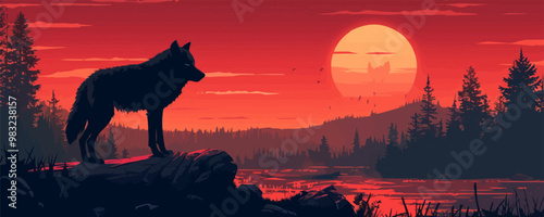 Lone black wolf vector flat simple illustration