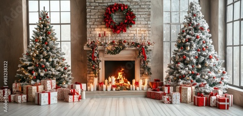 Cozy winter living room with elegant decorations, festive trees, and a warm f...
