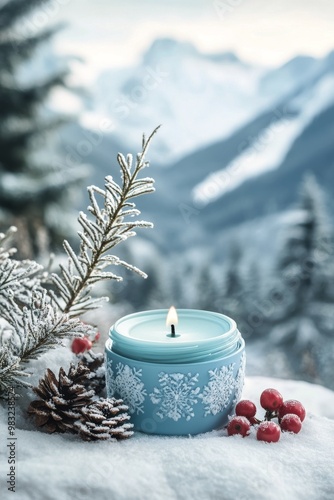 Winter skincare product displayed amid snow-covered pine branches and mountai...