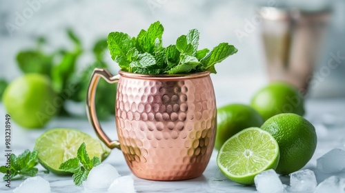 Refreshing cocktail with mint and lime served in a copper mug on a marble cou...