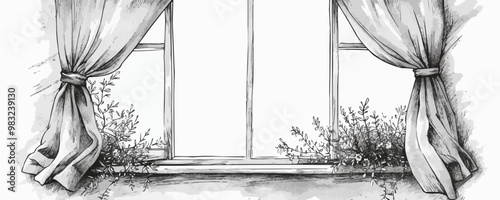 Window with curtains hand drawn sketch in doodle style. vector simple illustration