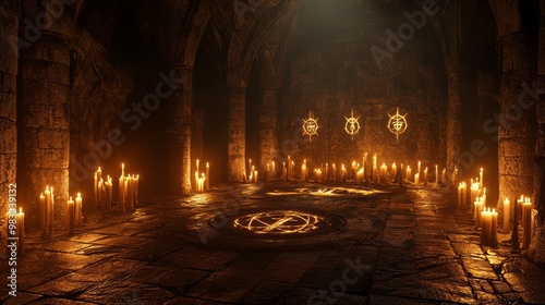 Mystical Dark Fantasy Dungeon with Flickering Candles and Sinister Magic Symbols Creating Tension in a 3D Visualization