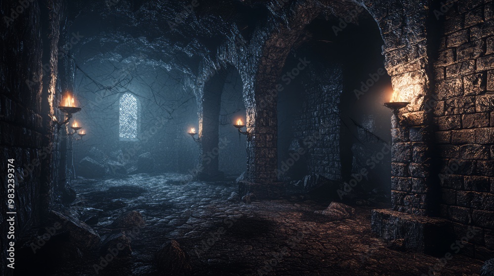 Enigmatic Dark Fantasy Dungeon with Intricate Stone Walls and Flickering Torches Enigmatic Dark Fantasy Dungeon with Intricate Stone Walls and Flickering Torches
