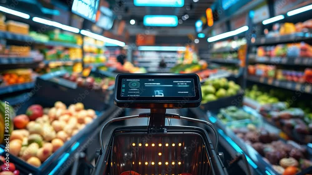 Customers navigate the aisles of a grocery store filled with colorful fruits and vegetables, while a digital checkout display is prominently featured.