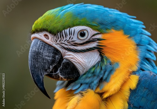 Vibrant macaw perched quietly, showcasing its colorful feathers in a natural ...