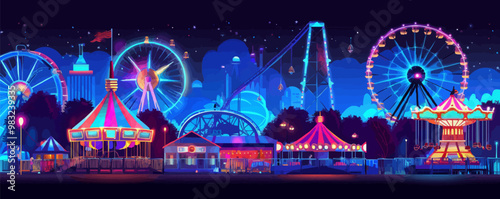 Carnival rides, Ferris wheels, carousels, and neon lights, amusement park, neon style, vector illustration, flat style.