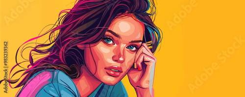 Cartoon style portrait with exaggerated expressions and bright colors, flat portrait, vector illustration.