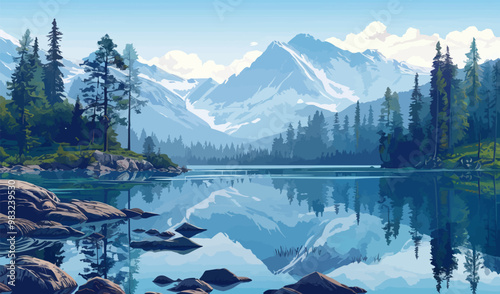 A tranquil lake reflecting the treetops, surrounded by mountains and rocky shores. Vector illustration.