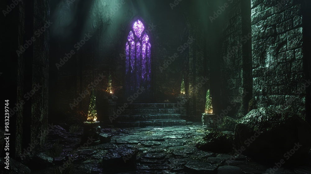 Enigmatic Dark Fantasy Dungeon with Glowing Crystals and Mysterious Altar Enigmatic Dark Fantasy Dungeon with Glowing Crystals and Mysterious Altar