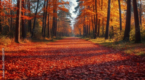 Vibrant autumn forest path covered in colorful fallen leaves during daylight