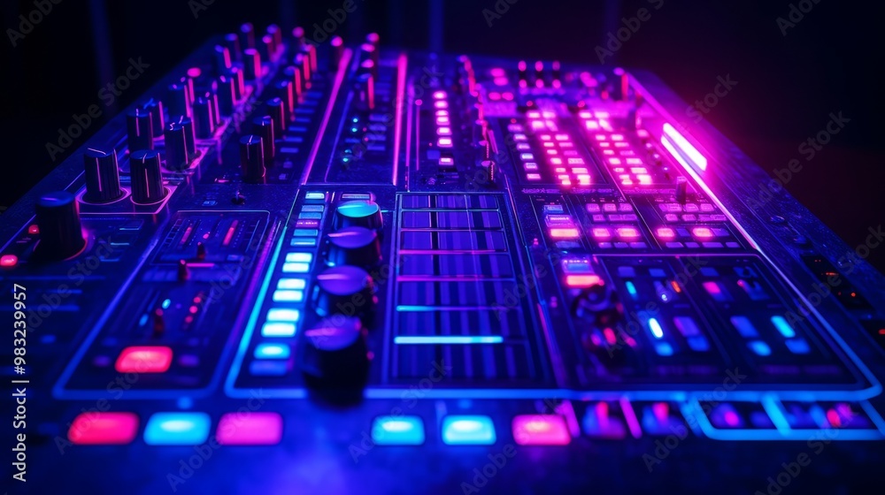 Vibrant DJ Mixer with Neon Lights in a Dark Setting Vibrant DJ Mixer with Neon Lights in a Dark Setting
