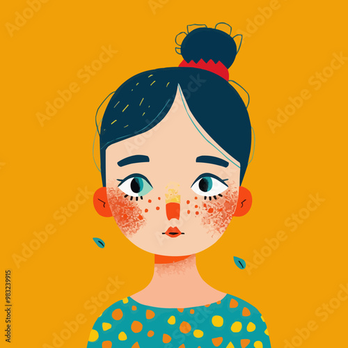 Children's book illustration style portrait with playful features and bright colors, flat portrait, vector illustration.