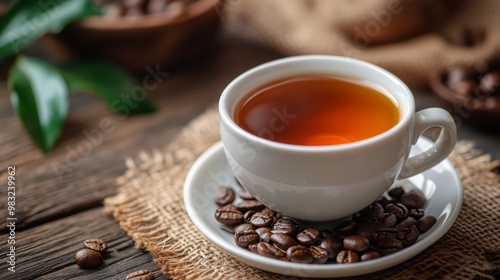 Warm cup of coffee on a rustic wooden table with coffee beans scattered nearby