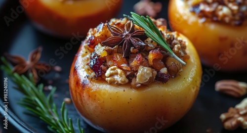 Delicious baked apples filled with nuts and spices on a dark wooden table