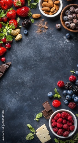 A colorful arrangement of fresh berries, nuts, and chocolate on a textured da...