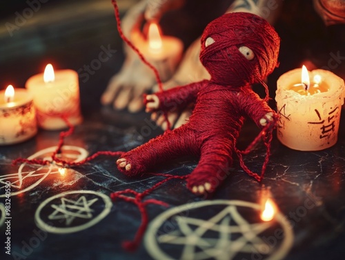 Tiny red doll surrounded by candles on a dark surface during a mystical gathe...