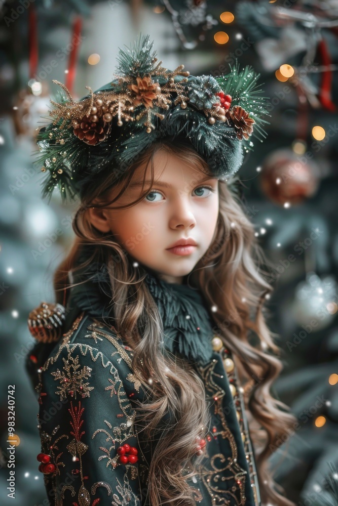 A young child wears a festive holiday hat, perfect for winter scenes or family celebrations A young child wears a festive holiday hat, perfect for winter scenes or family celebrations