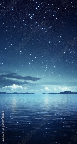 Night sky filled with stars over tranquil water and distant mountains at twil...