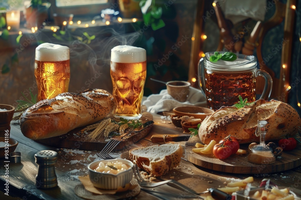 Naklejka premium A simple setting featuring a wooden table with freshly baked bread and a cold glass of beer