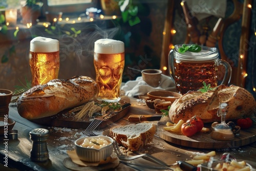 A simple setting featuring a wooden table with freshly baked bread and a cold glass of beer
