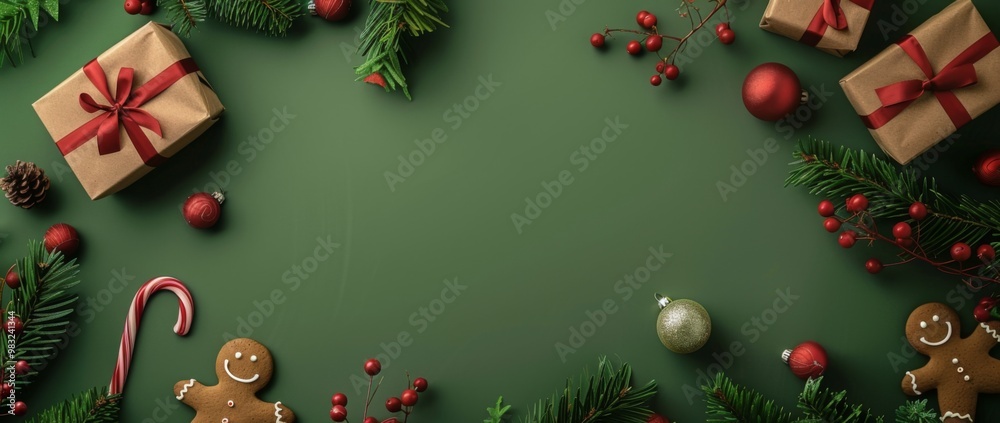 Christmas decorations with gift box on green background. 3d rendering Christmas decorations with gift box on green background. 3d rendering