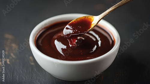 A spoon is dipping into a bowl of sauce