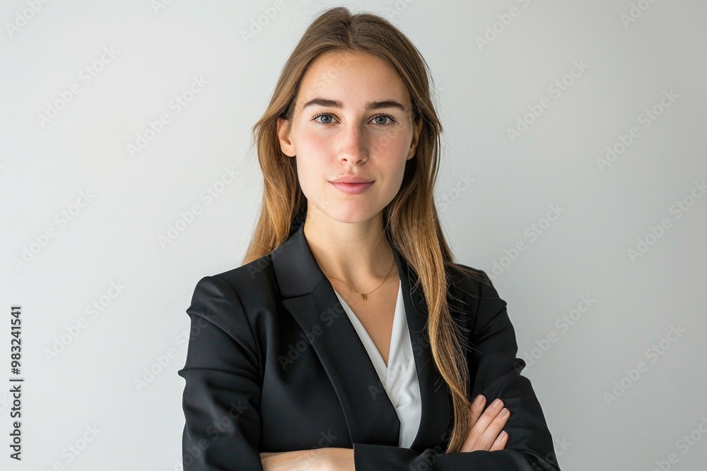 A professional woman standing with her arms crossed, wearing a black suit A professional woman standing with her arms crossed, wearing a black suit