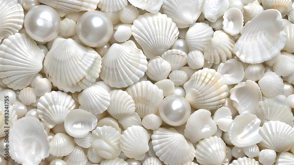 A close-up view of assorted white shells and pearls displayed on a soft pearl background A close-up view of assorted white shells and pearls displayed on a soft pearl background