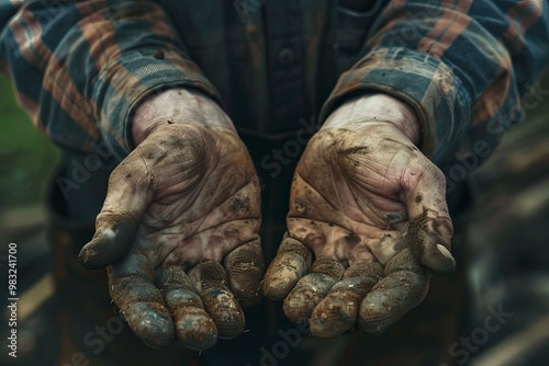 Wallpaper Mural Closeup of a worker's soiled and rugged hands, symbolizing hard labor and dedication Torontodigital.ca