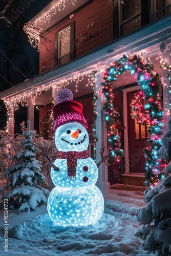 A cheerful snowman greets visitors at a warmly decorated front door during wi...