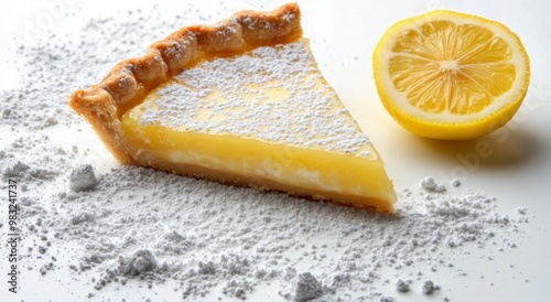 Lemon pie slice with powdered sugar and a lemon wedge on a light background
