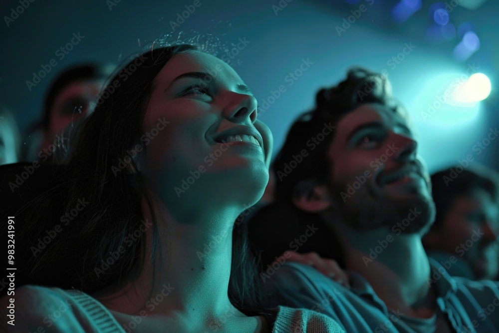 Group of people sitting and watching a movie in a cozy theater Group of people sitting and watching a movie in a cozy theater