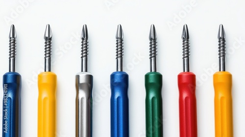 A Row of Colorful Screwdrivers Against White Background