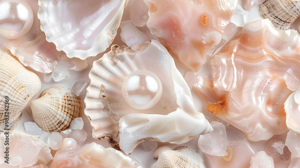 Close-up view of various seashells on a pearl background showcasing intricate details and colors Close-up view of various seashells on a pearl background showcasing intricate details and colors